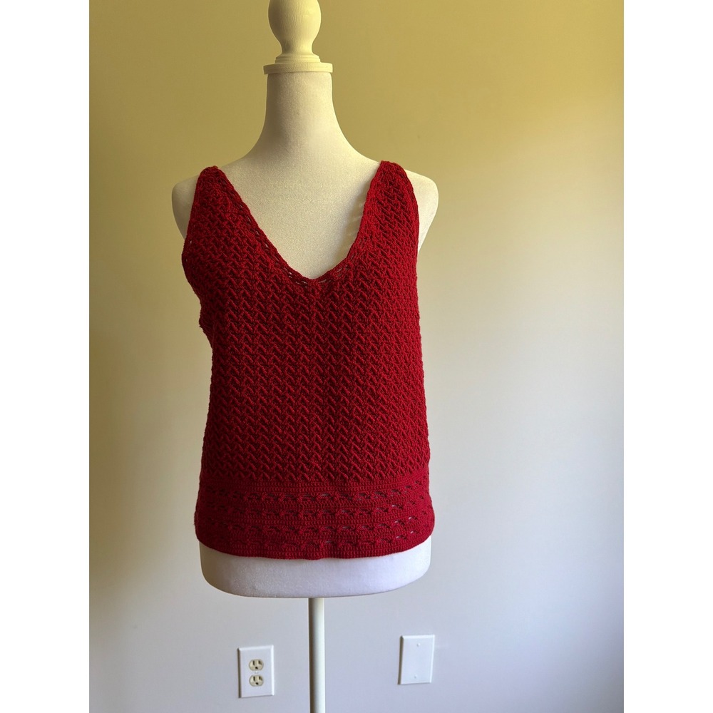 Jones New York Sport Red Hand Knit Cotton Crochet Tank Top Womens Medium